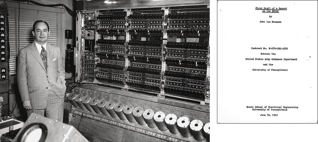 Джон фон Нейман рядом с компьютером IAS, прибл. 1950 г. Справа — обложка проекта отчёта по EDVAC. Источник: cacm.acm.org