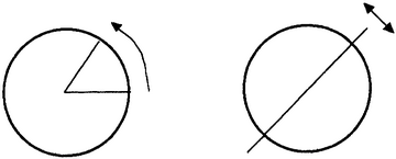 Окружность обладает бесконечным числом вращательных симметрий (слева) и бесконечным числом отражательных симметрий (справа).