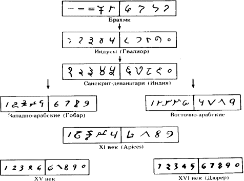 Рис. 9.4. Генеалогия
современных цифр (по Menninger, Zahlwort, Ziffer)