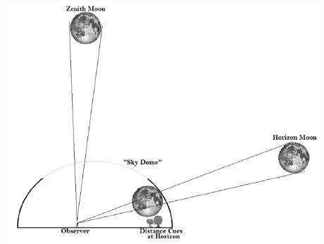 Согласно теории, Луна над горизонтом видится за пределами «купола неба», а потому мозг стремится приписать ей бóльшие размеры. (илл. J. Antonides, T. Kubota.)