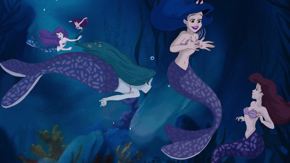 Ариэль, обитающая в открытом море, была бы темнее из соображений защиты от хищников, быстрее и, скорее всего, всегда бы путешествовала с сестрами. Disney / Monique Steele / BuzzFeed