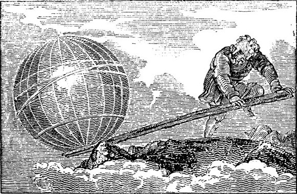 Архимед переворачивает Землю с помощью рычага. Старинная гравюра. 1824 год. Изображение с сайта wikimedia.org